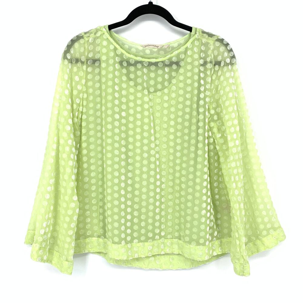Soft Surroundings Blouse Women's S Citron Sheer Swiss Dot Wide Hem Long Sleeve